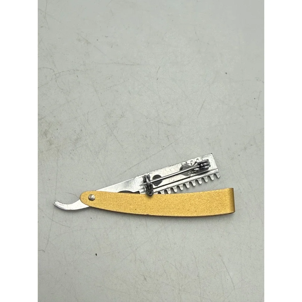 Vintage Weck Straight Razor Brooch Pin Gold Tone E.B.A. Novelty Barber Jewelry